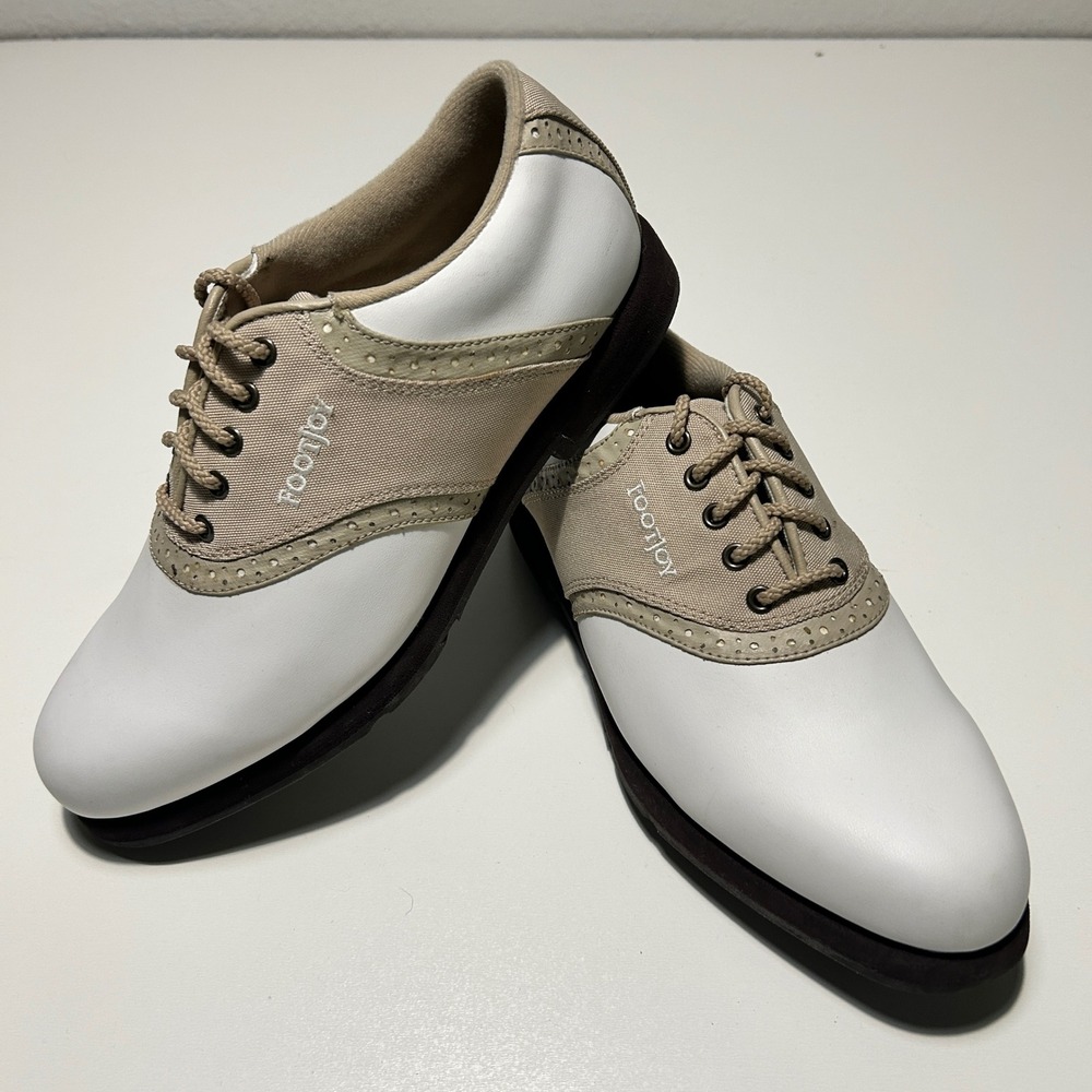 FootJoy GreenJoys Mens 6.5 M Golf Shoes White Tan Spiked Saddle Oxford 48746